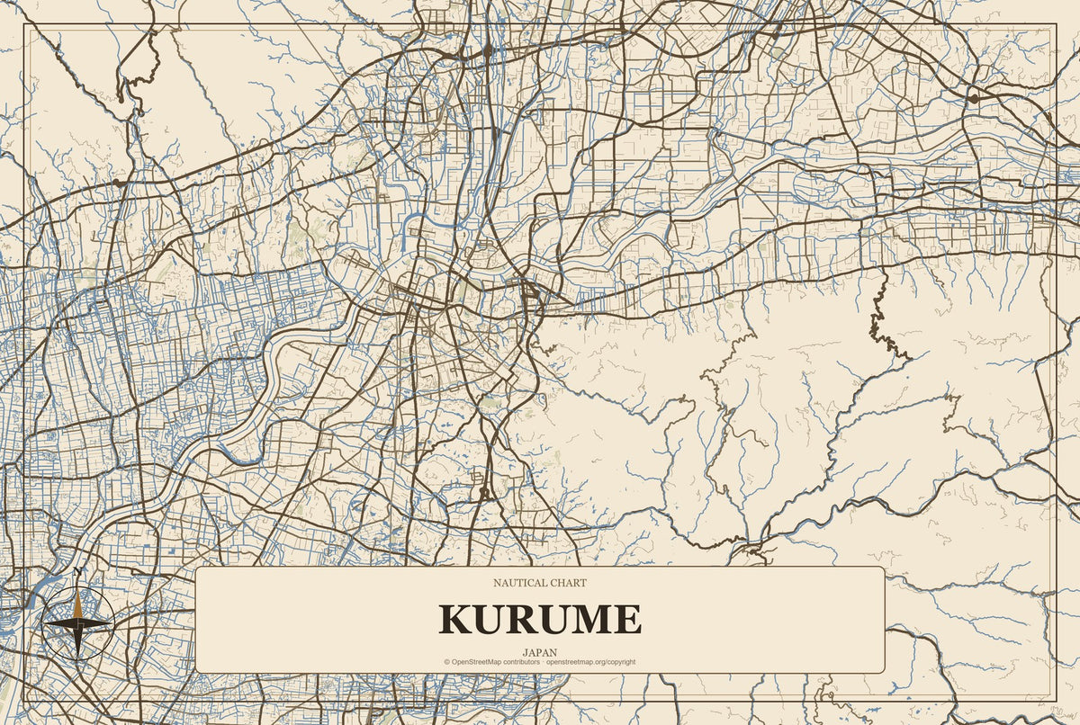 Kurume, Japan City Map Aluminum Sign in Heritage Nautical style