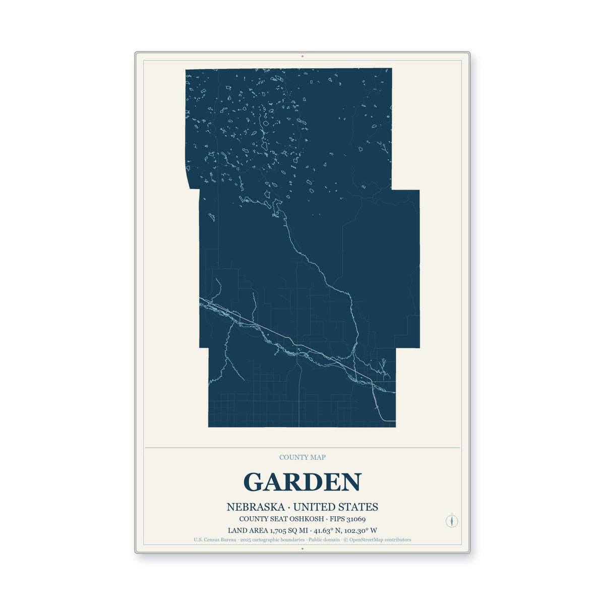 Garden County, Nebraska Map Aluminum Sign in Coastal Cutout style