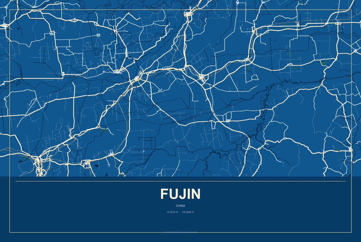 Fujin, China City Map Aluminum Sign in Harbor Cobalt style