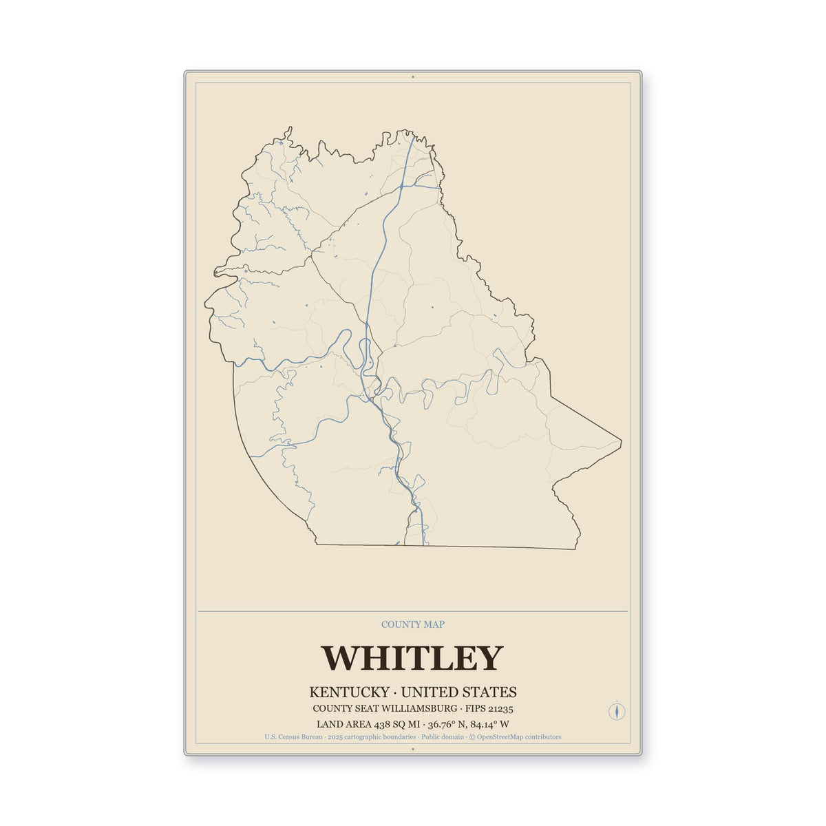 Whitley County, Kentucky Map Aluminum Sign in Heritage Nautical style