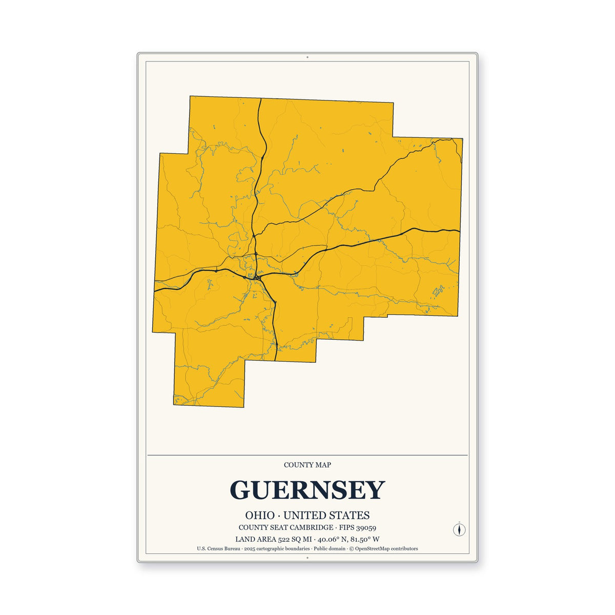 Guernsey County, Ohio Map Aluminum Sign in Citrine Modern style