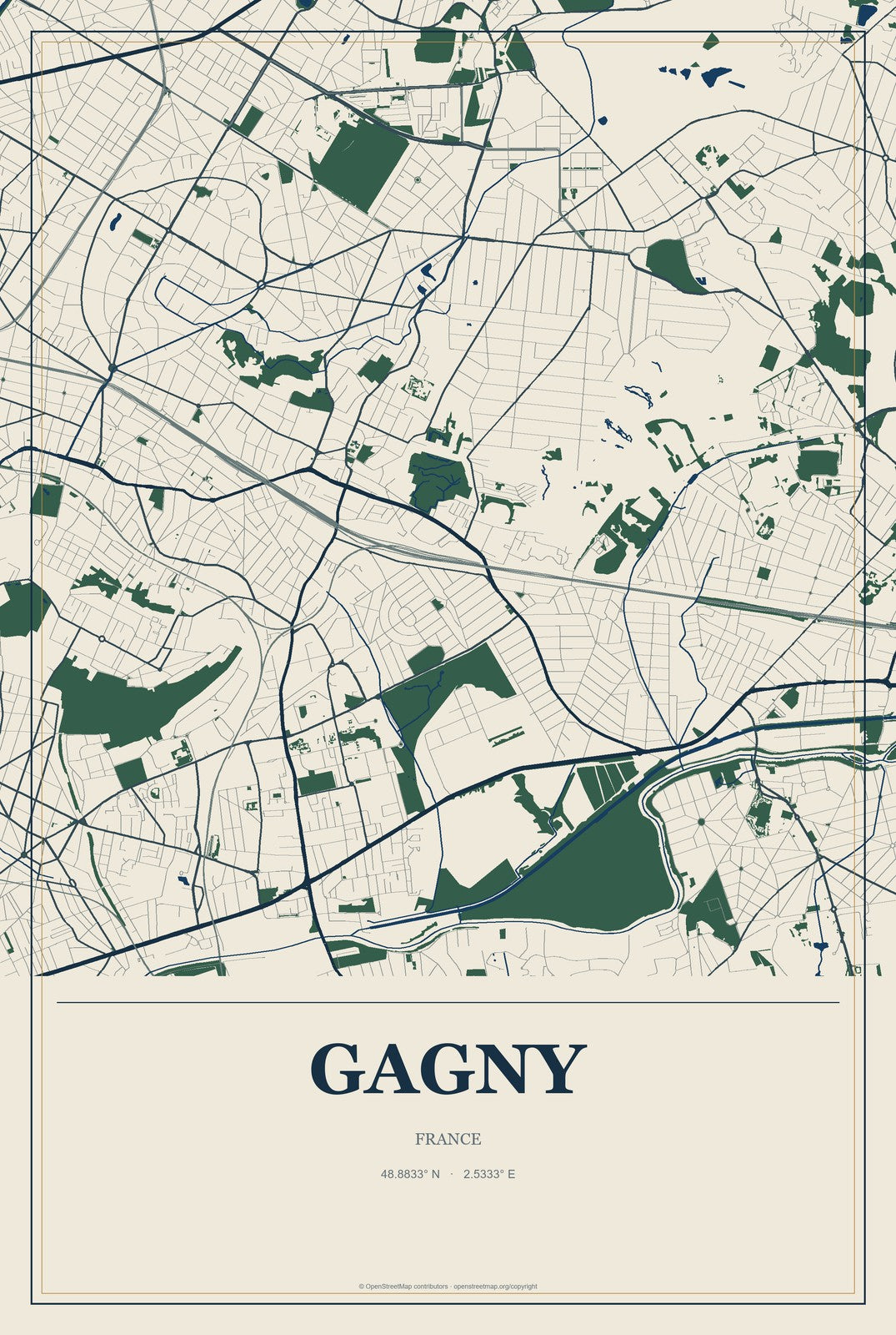 Gagny, France City Map Aluminum Sign in Coastal Cutout style
