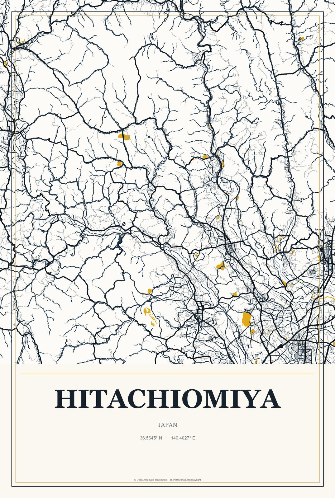 Hitachiomiya, Japan City Map Aluminum Sign in Citrine Modern style