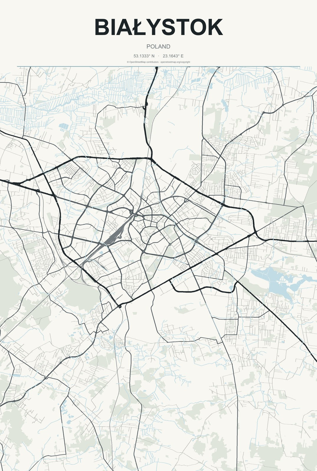 Białystok, Poland City Map Aluminum Sign in Headline Atlas style