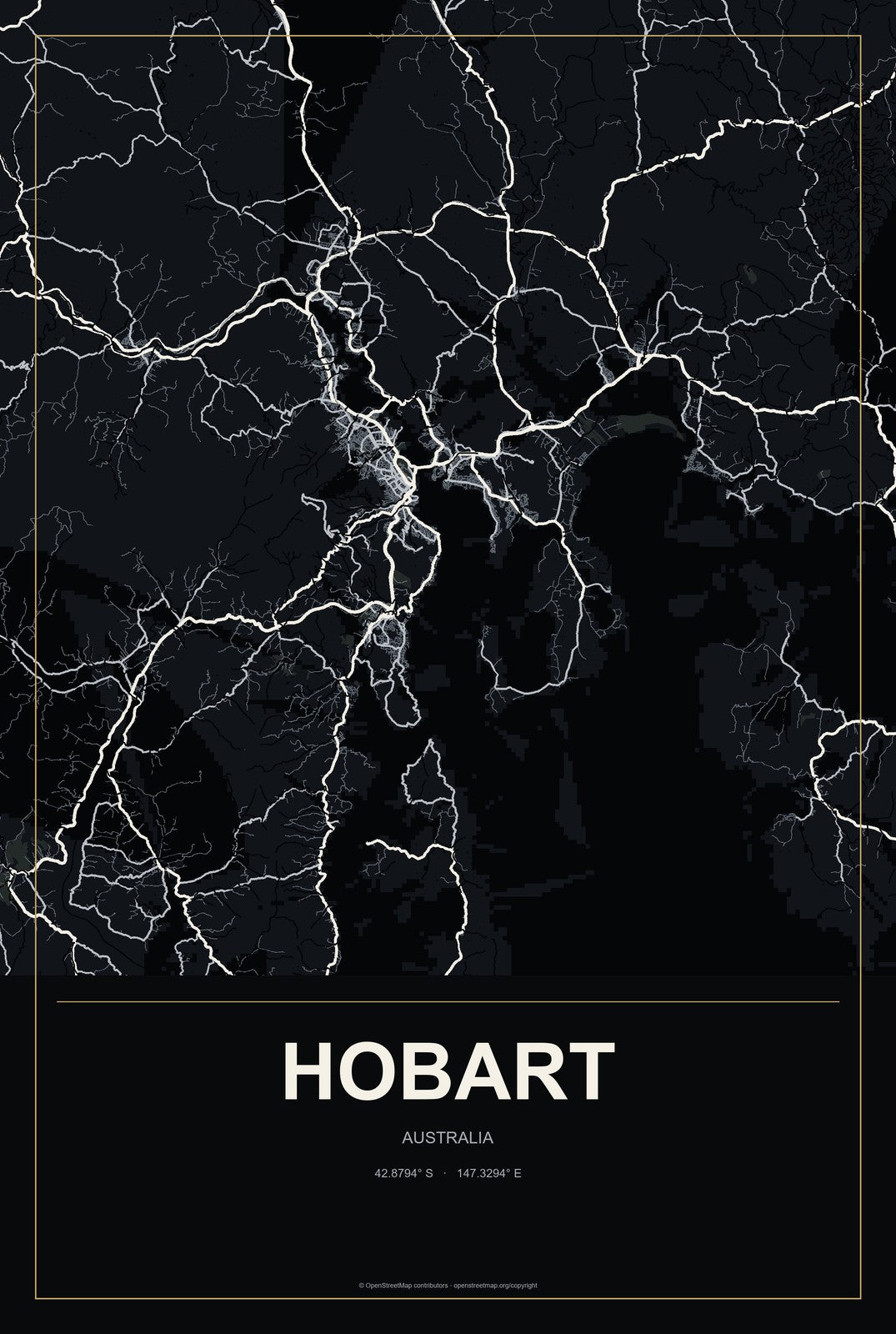 Hobart, Australia City Map Aluminum Sign in Metropolitan Noir style