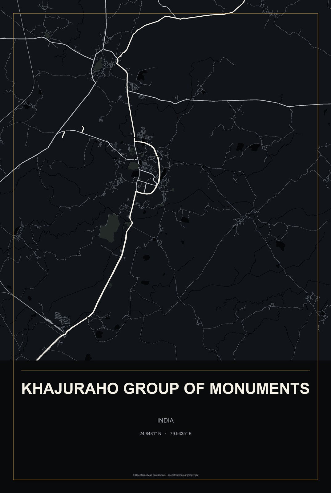 Khajuraho Group of Monuments, India City Map Aluminum Sign in Metropolitan Noir style
