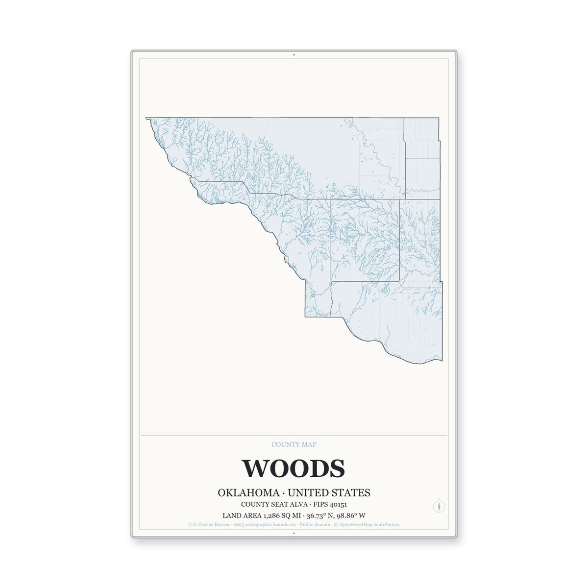 Woods County, Oklahoma Map Aluminum Sign in Gallery Air style
