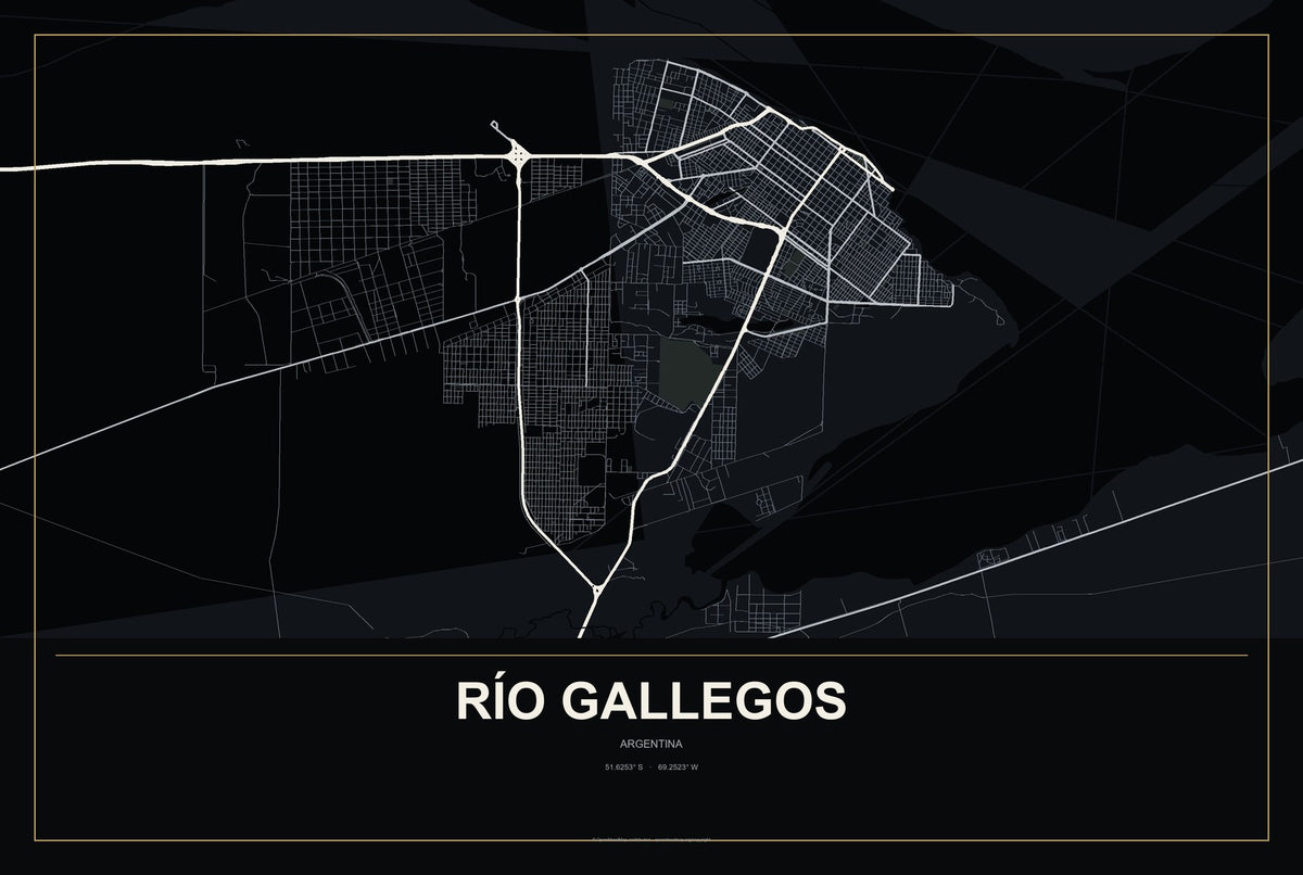 Río Gallegos, Argentina City Map Aluminum Sign in Metropolitan Noir style
