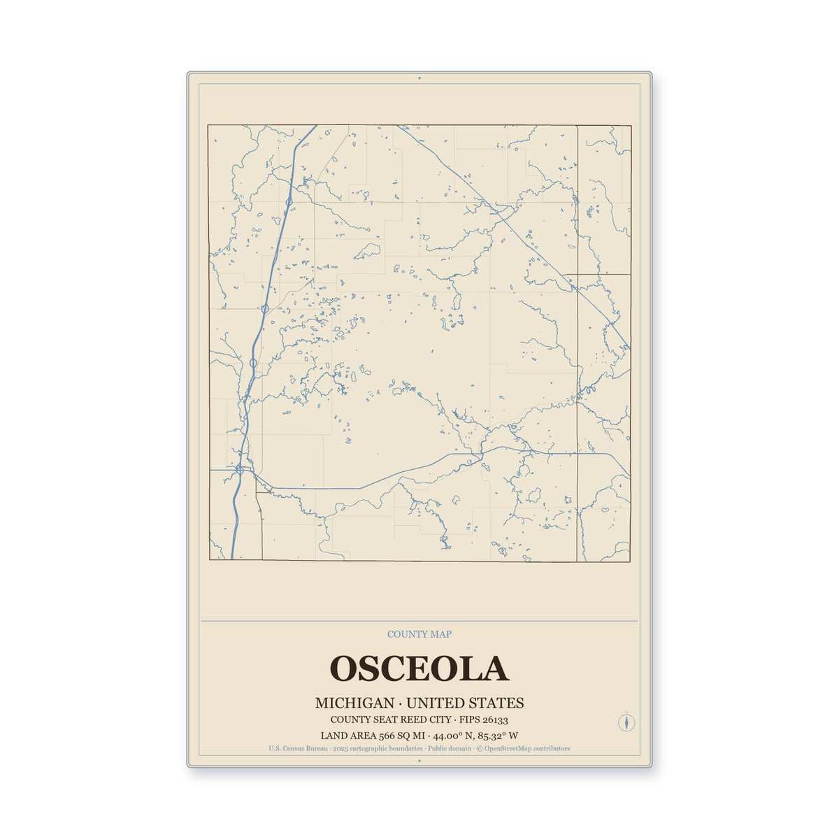 Osceola County, Michigan Map Aluminum Sign in Heritage Nautical style