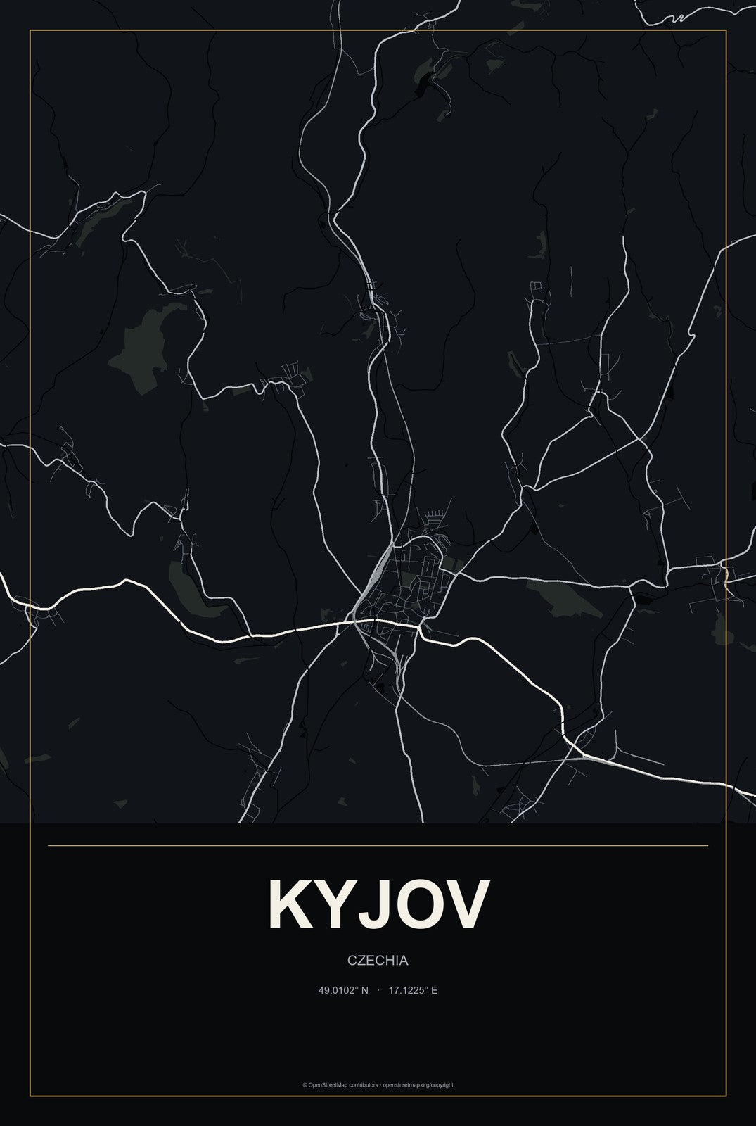 Kyjov, Czechia City Map Aluminum Sign in Metropolitan Noir style