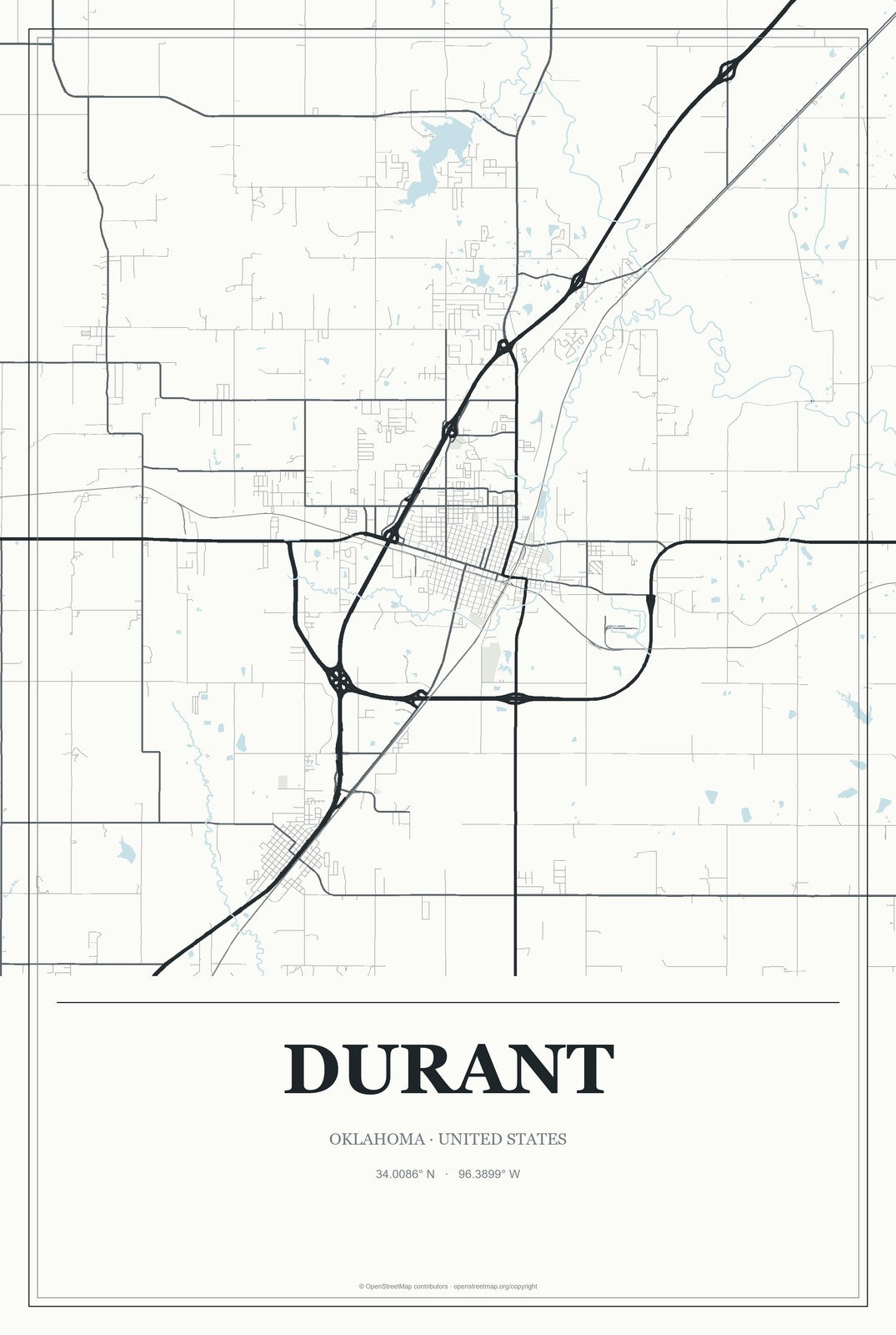 Durant, Oklahoma City Map Aluminum Sign in Gallery Air style