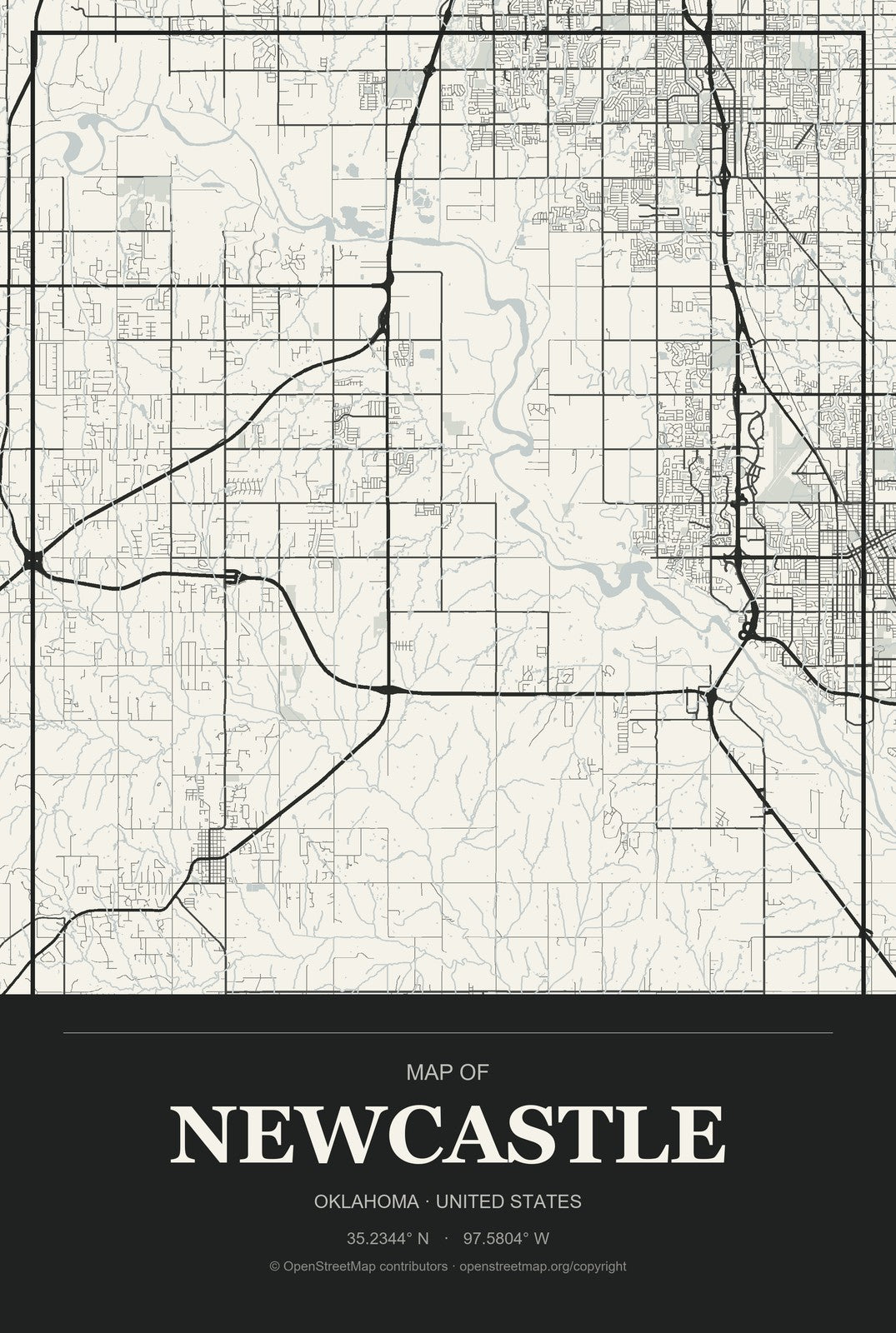 Newcastle, Oklahoma City Map Aluminum Sign in Museum Plaque style