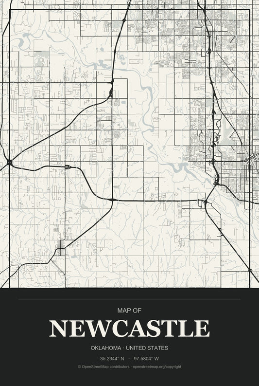 Newcastle, Oklahoma City Map Aluminum Sign in Museum Plaque style