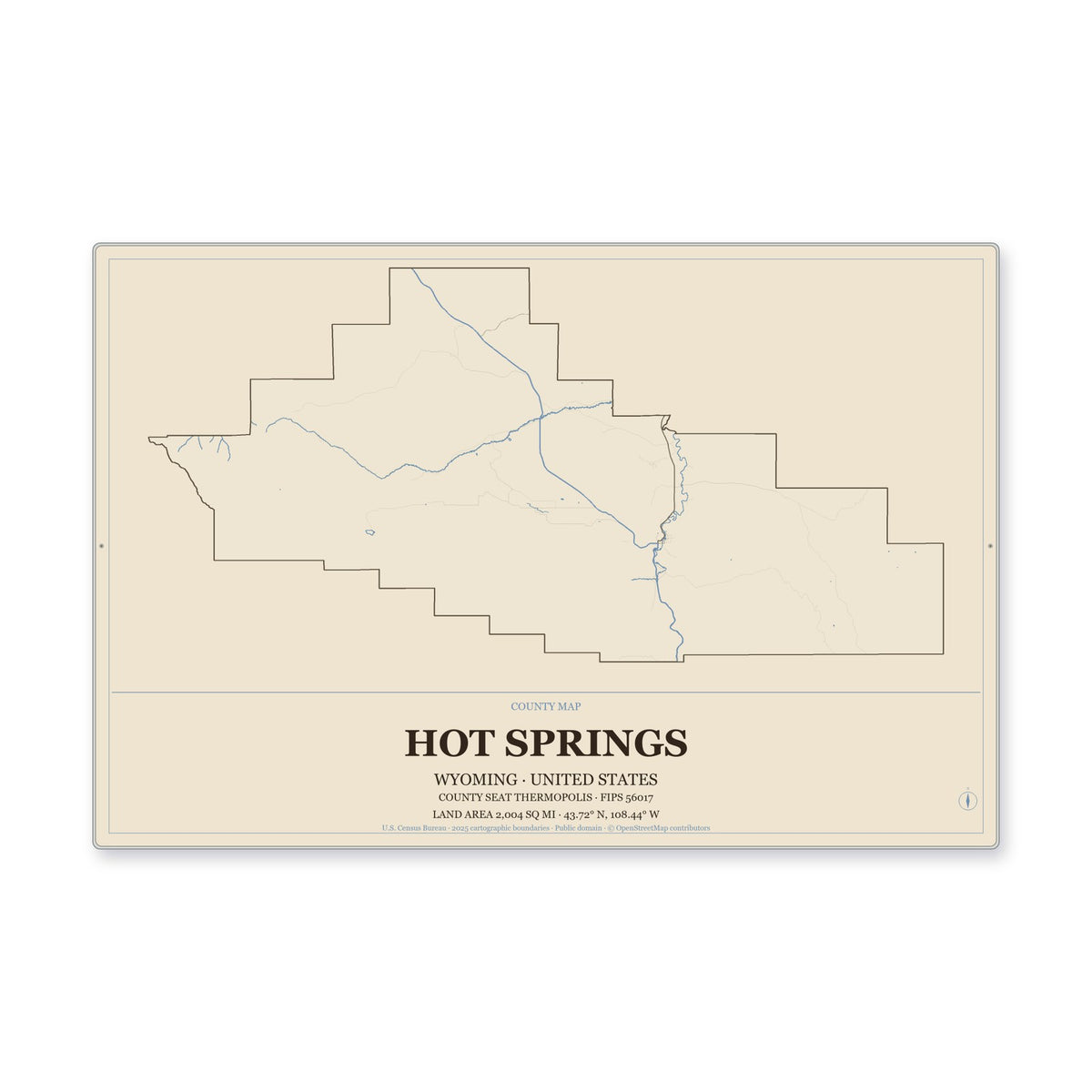 Hot Springs County, Wyoming Map Aluminum Sign in Heritage Nautical style