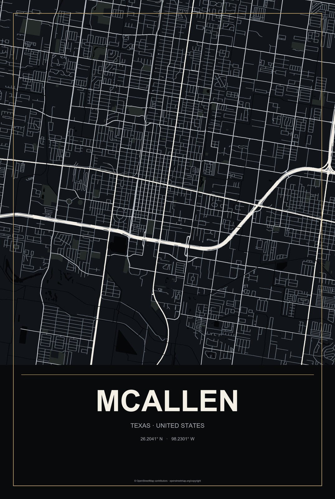 McAllen, Texas City Map Aluminum Sign in Metropolitan Noir style