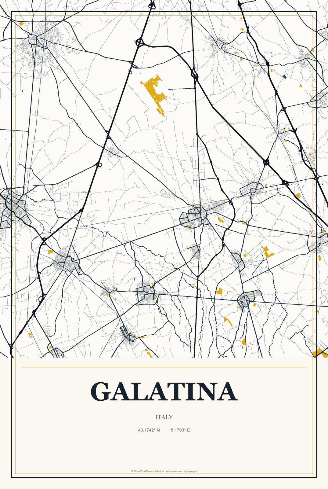 Galatina, Italy City Map Aluminum Sign in Citrine Modern style