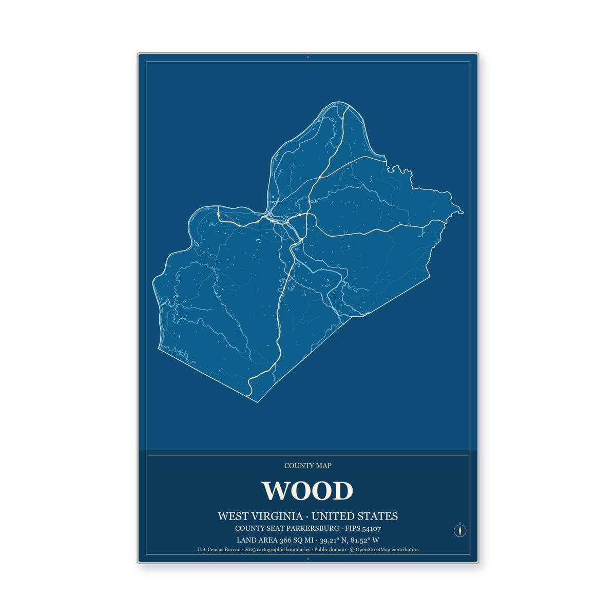 Wood County, West Virginia Map Aluminum Sign in Harbor Cobalt style