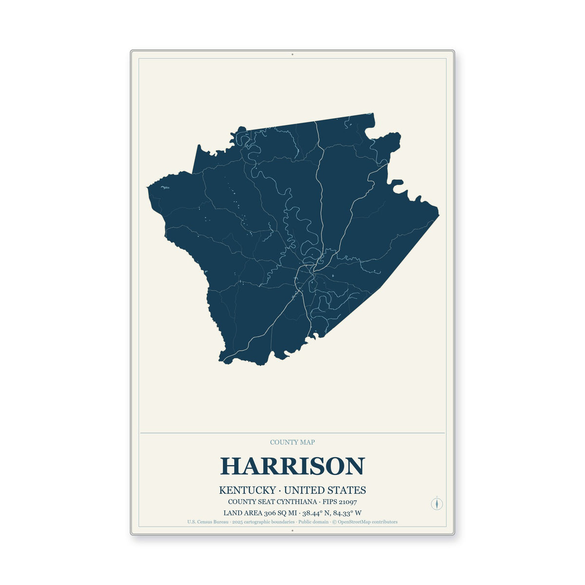 Harrison County, Kentucky Map Aluminum Sign in Coastal Cutout style