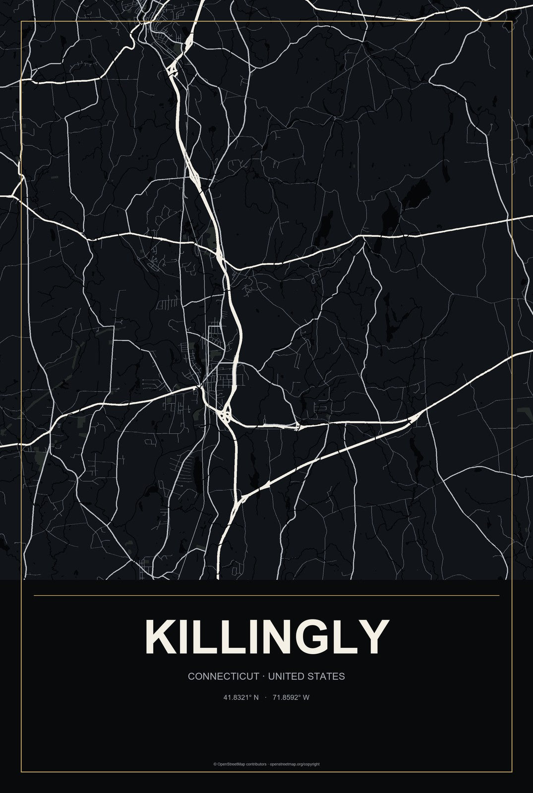 Killingly, Connecticut City Map Aluminum Sign in Metropolitan Noir style