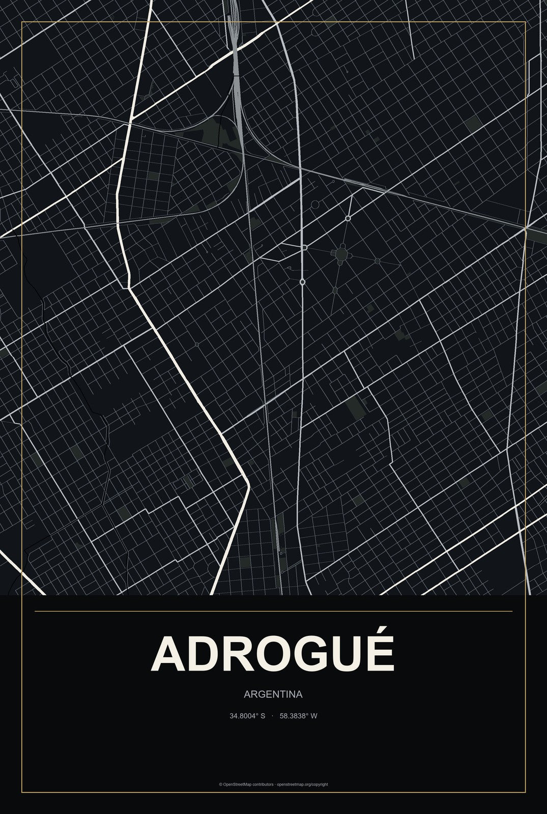 Adrogué, Argentina City Map Aluminum Sign in Metropolitan Noir style
