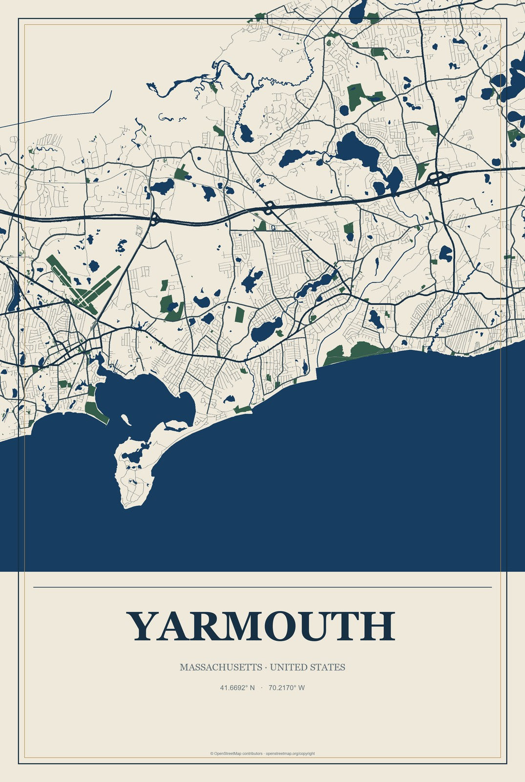 Yarmouth, Massachusetts City Map Aluminum Sign in Coastal Cutout style