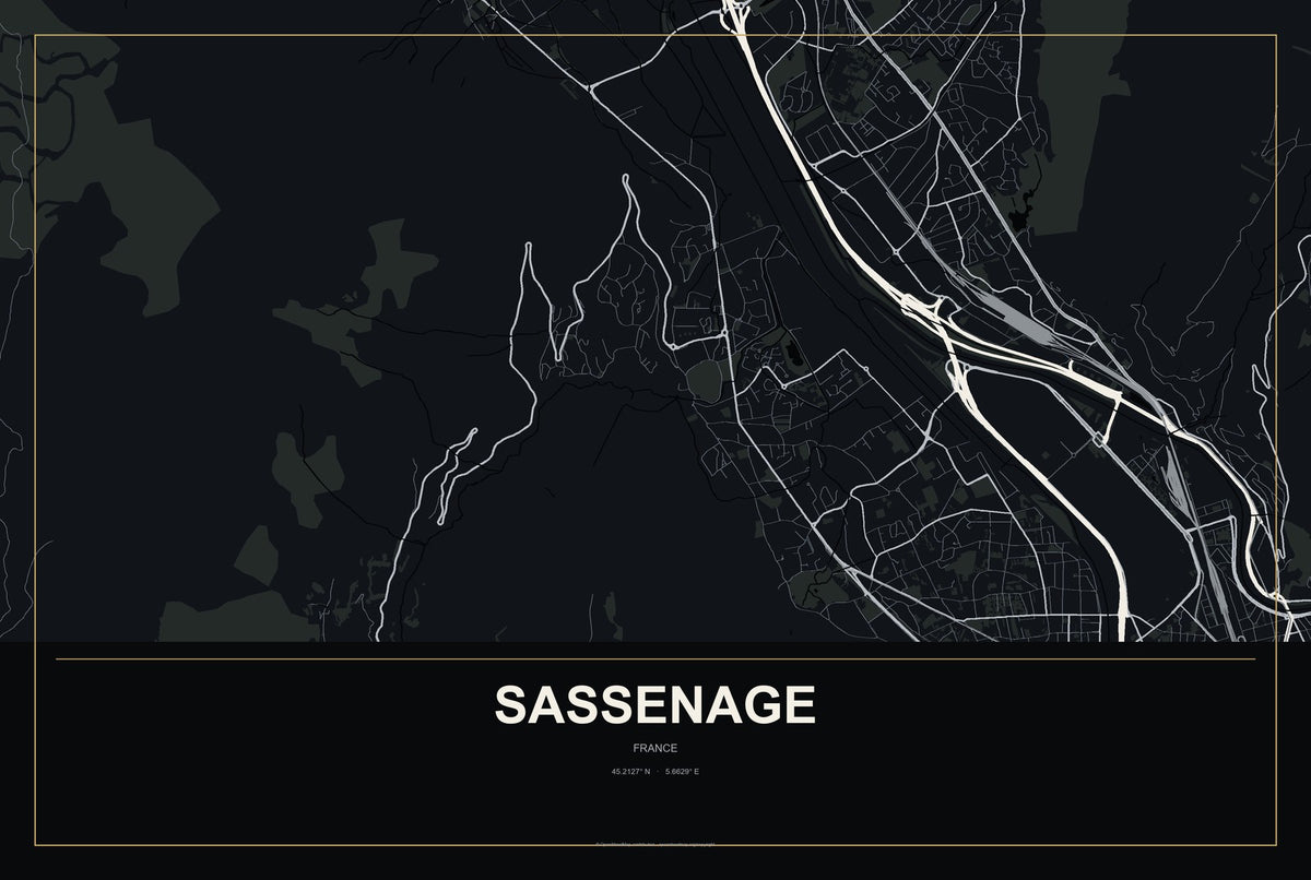 Sassenage, France City Map Aluminum Sign in Metropolitan Noir style