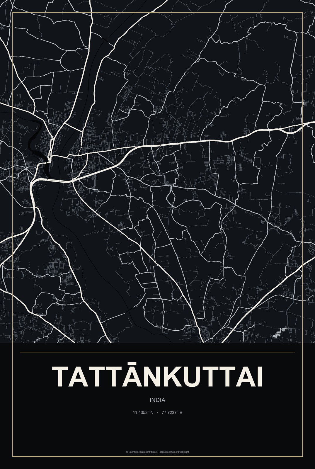 Tattānkuttai, India City Map Aluminum Sign in Metropolitan Noir style