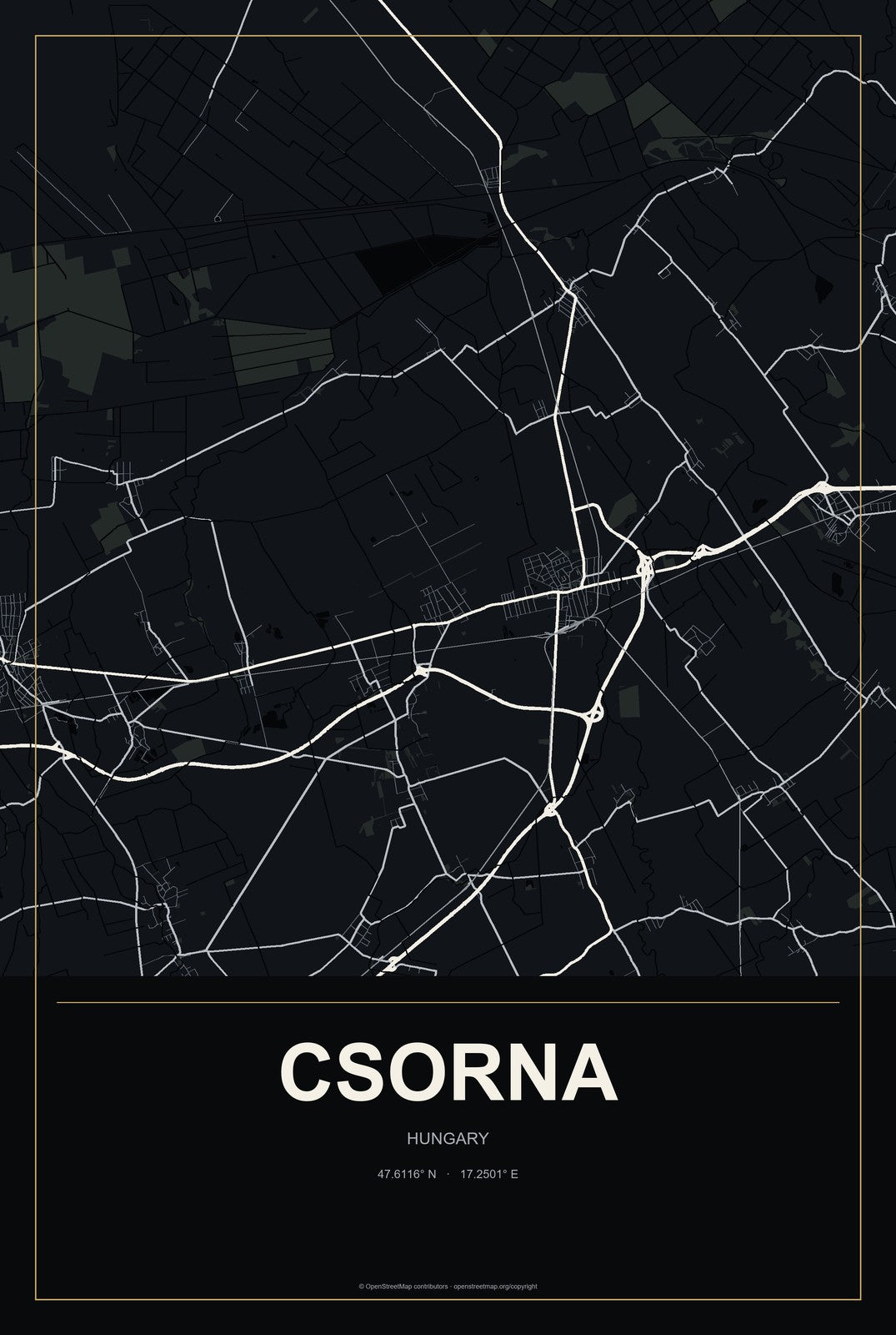 Csorna, Hungary City Map Aluminum Sign in Metropolitan Noir style