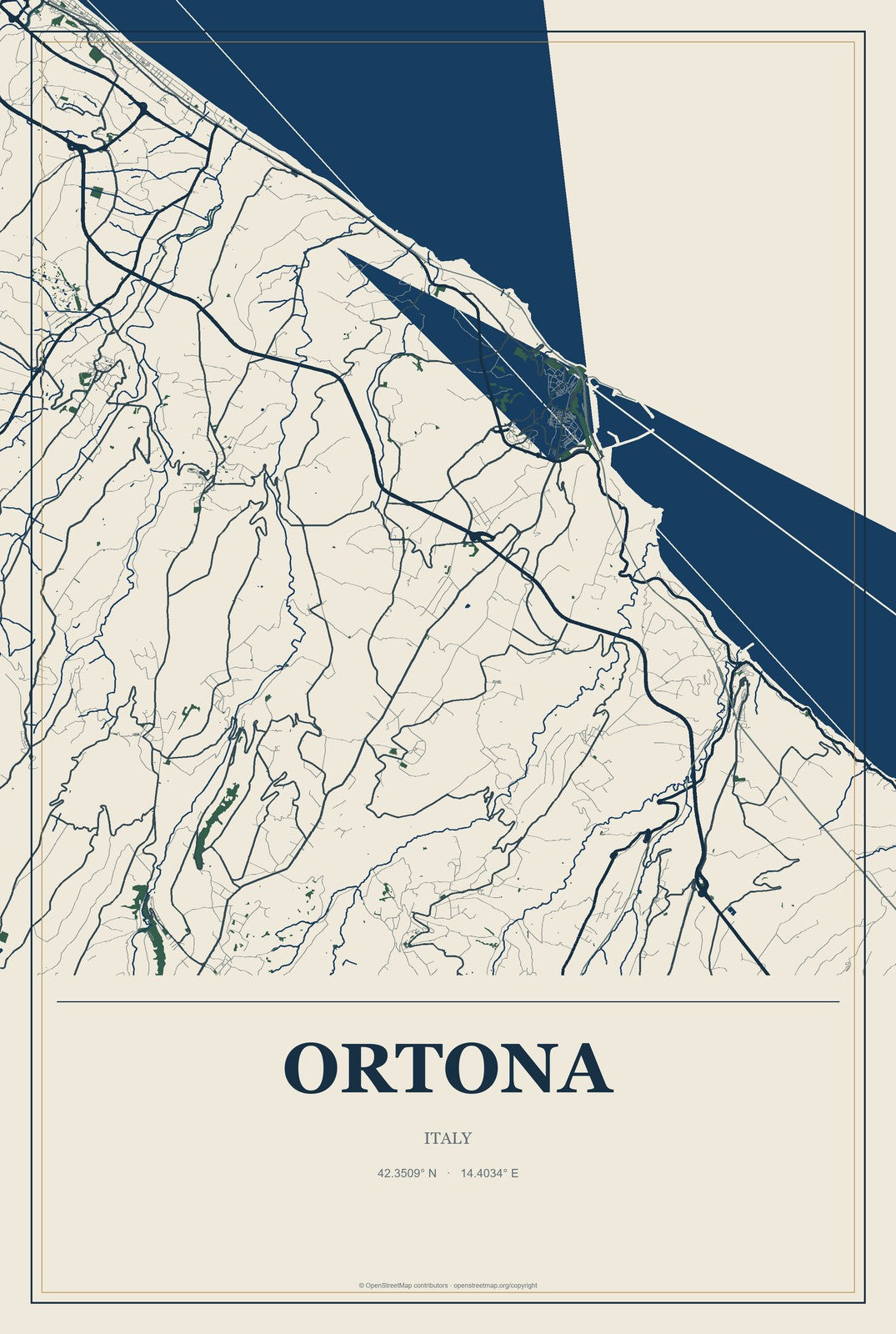 Ortona, Italy City Map Aluminum Sign in Coastal Cutout style