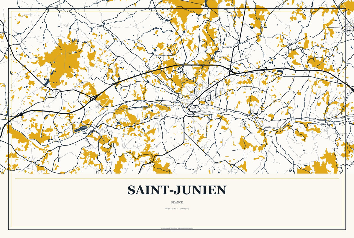 Saint-Junien, France City Map Aluminum Sign in Citrine Modern style