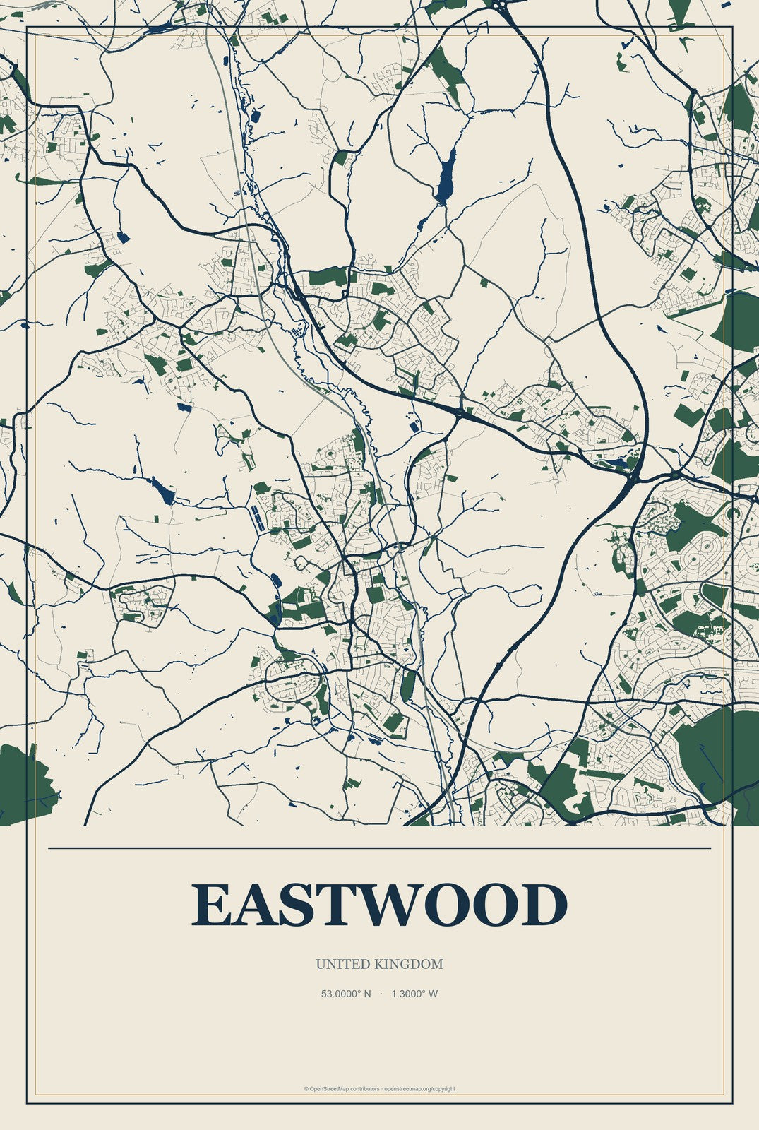 Eastwood, United Kingdom City Map Aluminum Sign in Coastal Cutout style