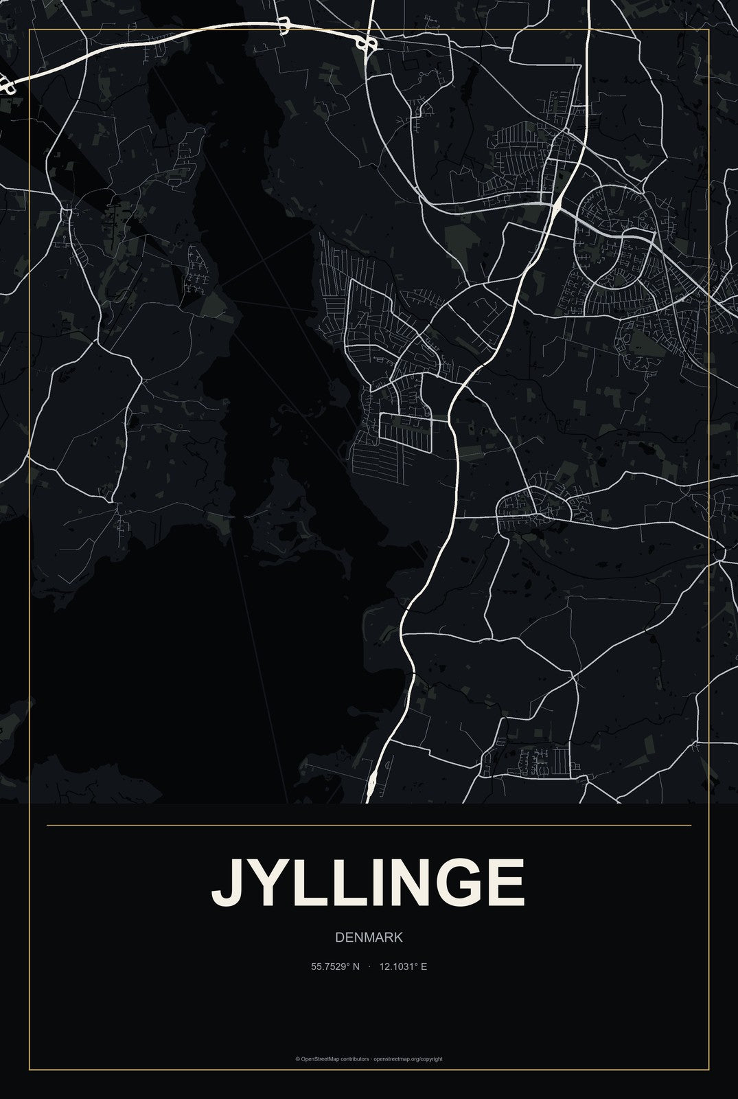 Jyllinge, Denmark City Map Aluminum Sign in Metropolitan Noir style