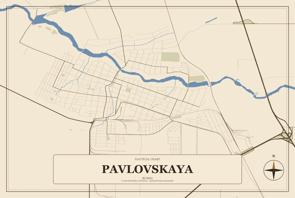 Pavlovskaya, Russia City Map Aluminum Sign in Heritage Nautical style