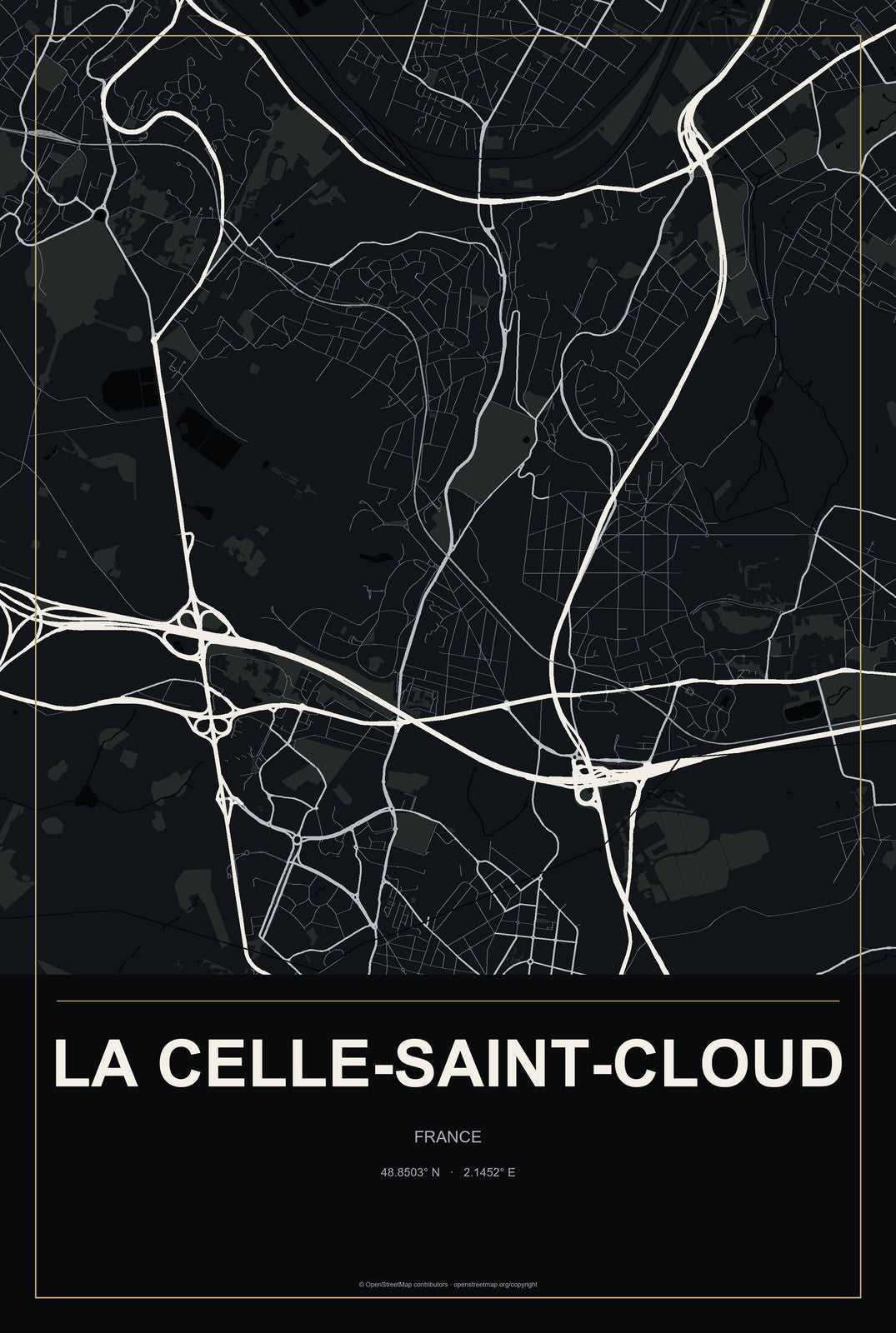 La Celle-Saint-Cloud, France City Map Aluminum Sign in Metropolitan Noir style