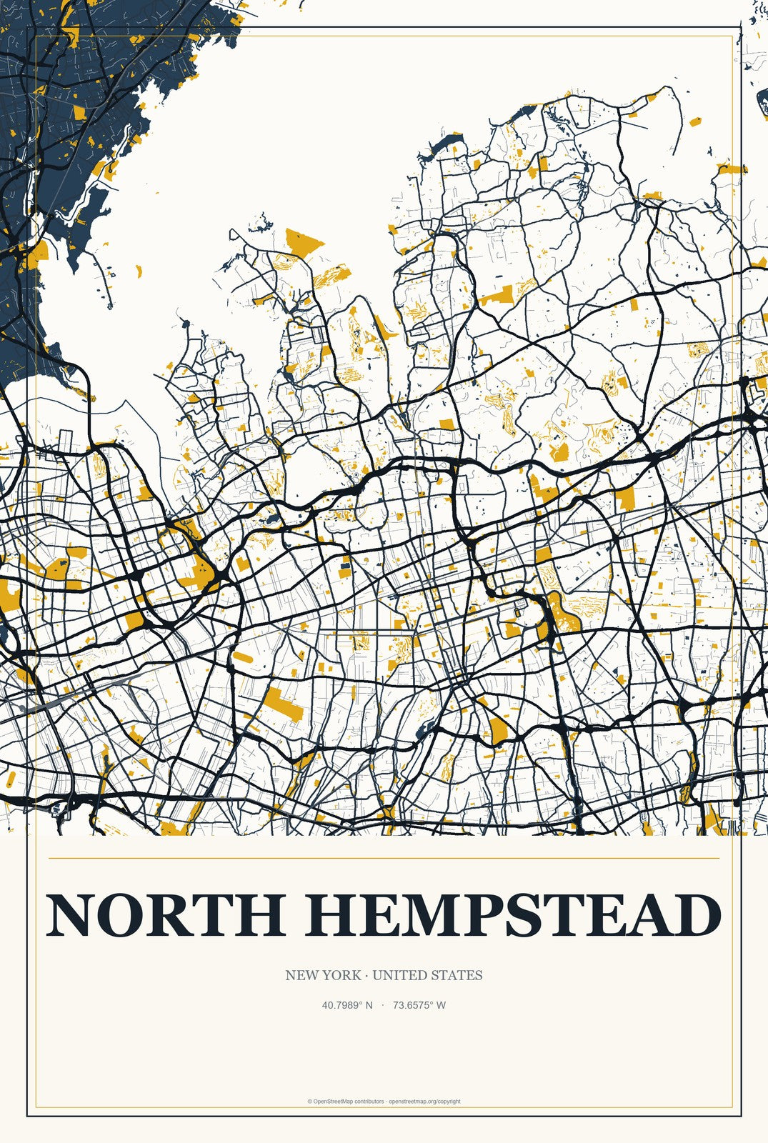 North Hempstead, New York City Map Aluminum Sign in Citrine Modern style