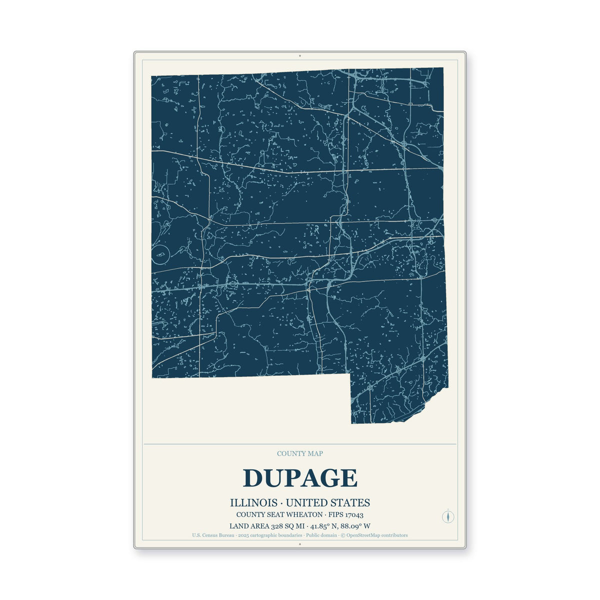 DuPage County, Illinois Map Aluminum Sign in Coastal Cutout style
