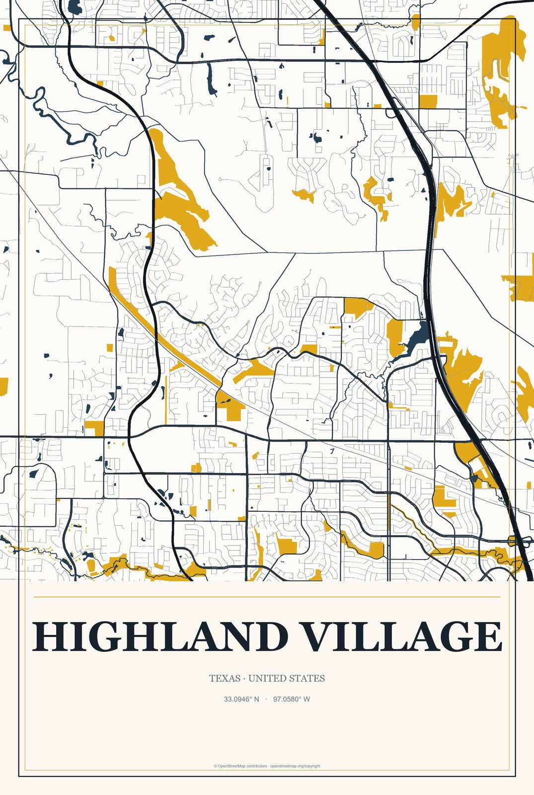 Highland Village, Texas City Map Aluminum Sign in Citrine Modern style