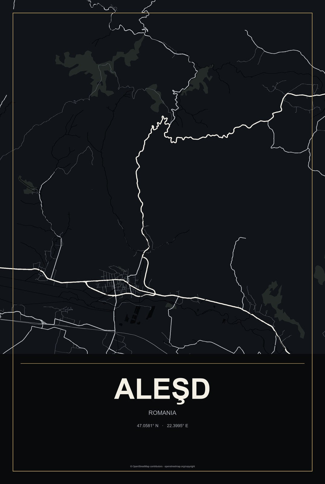 Aleşd, Romania City Map Aluminum Sign in Metropolitan Noir style