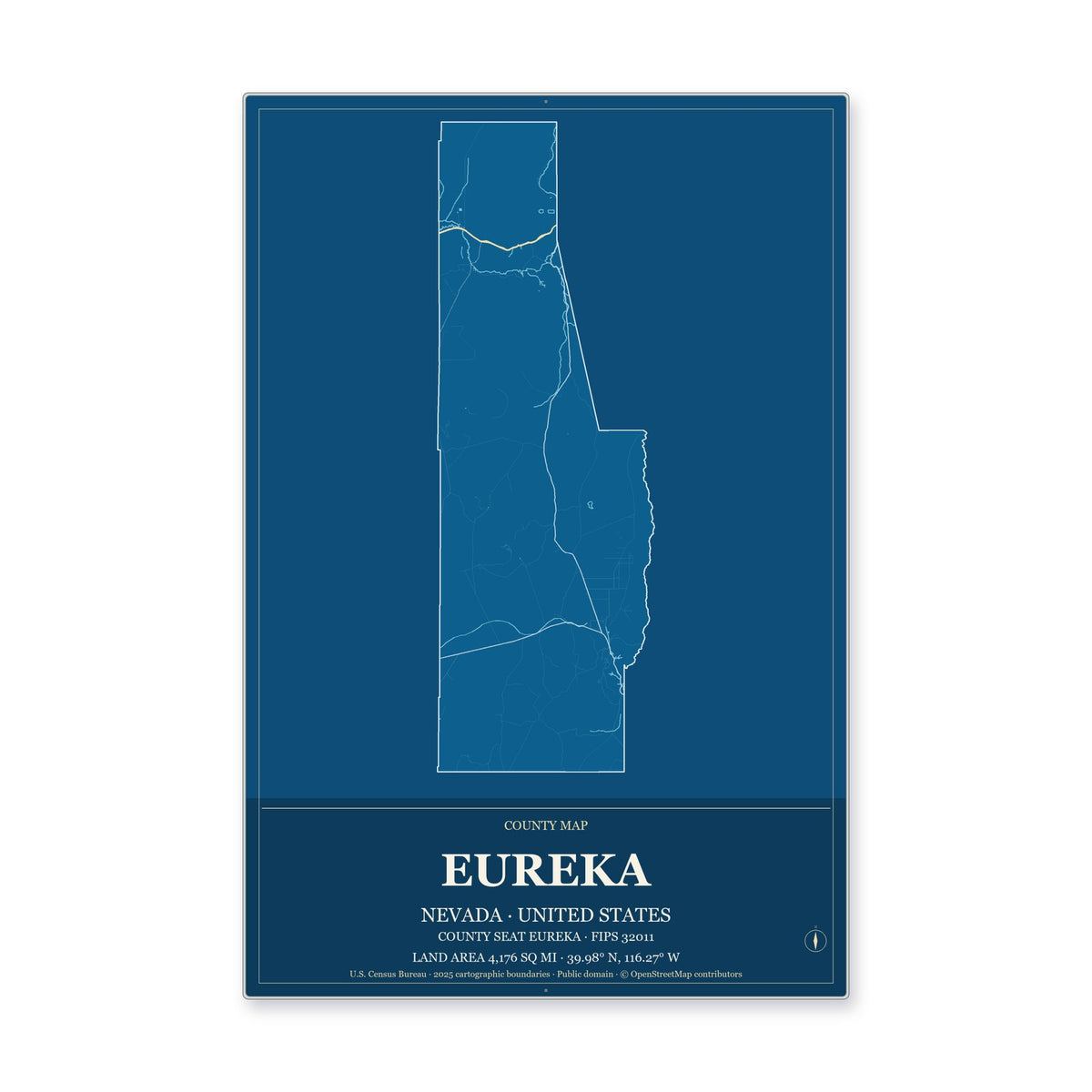 Eureka County, Nevada Map Aluminum Sign in Harbor Cobalt style