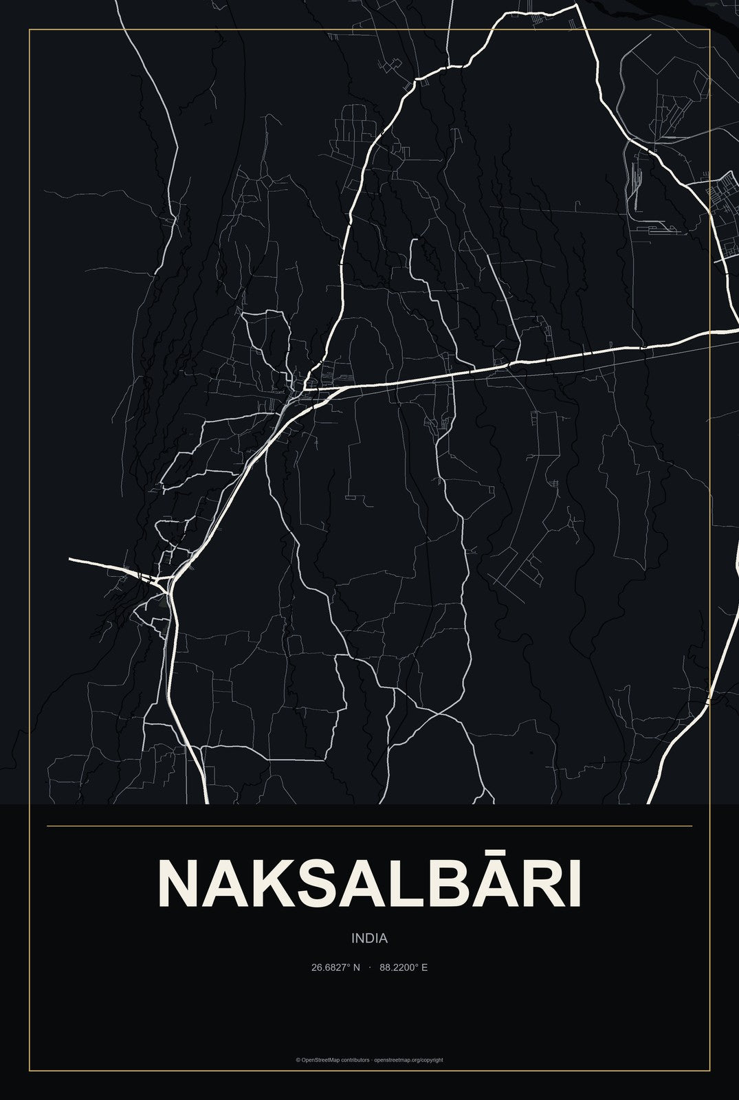 Naksalbāri, India City Map Aluminum Sign in Metropolitan Noir style