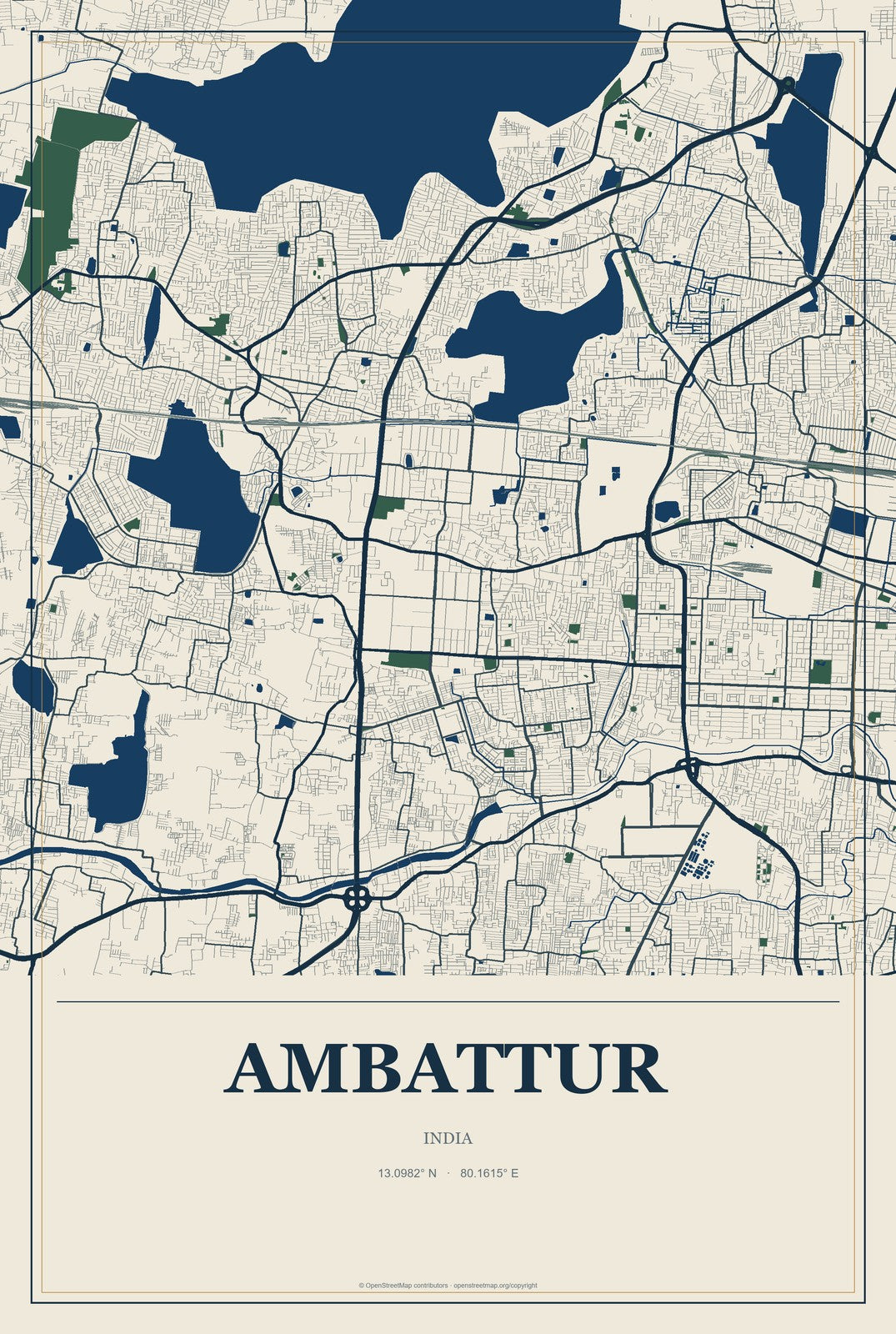 Ambattur, India City Map Aluminum Sign in Coastal Cutout style