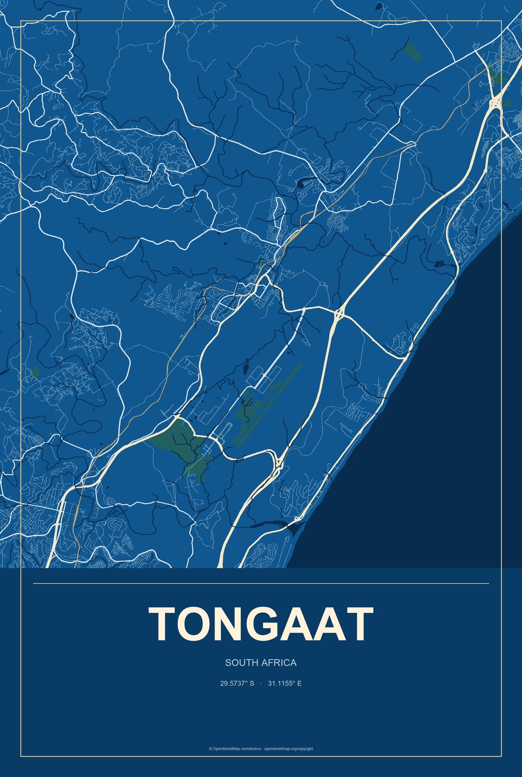 Tongaat, South Africa City Map Aluminum Sign in Harbor Cobalt style