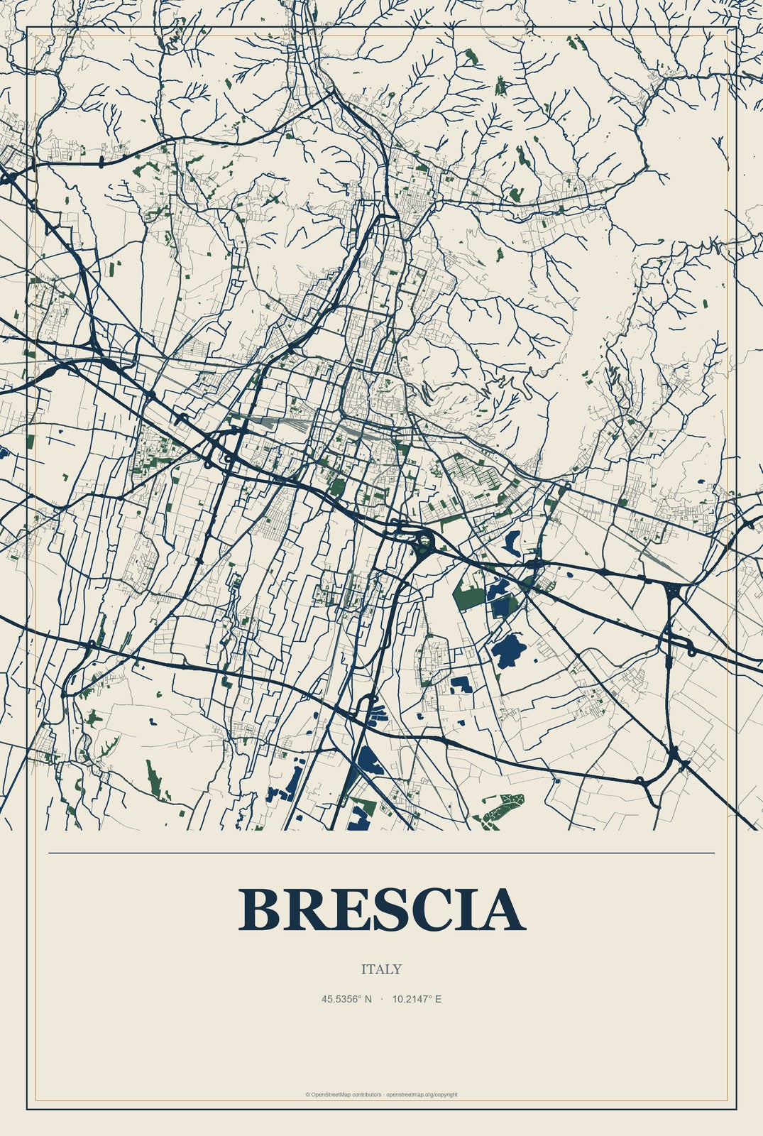 Brescia, Italy City Map Aluminum Sign in Coastal Cutout style