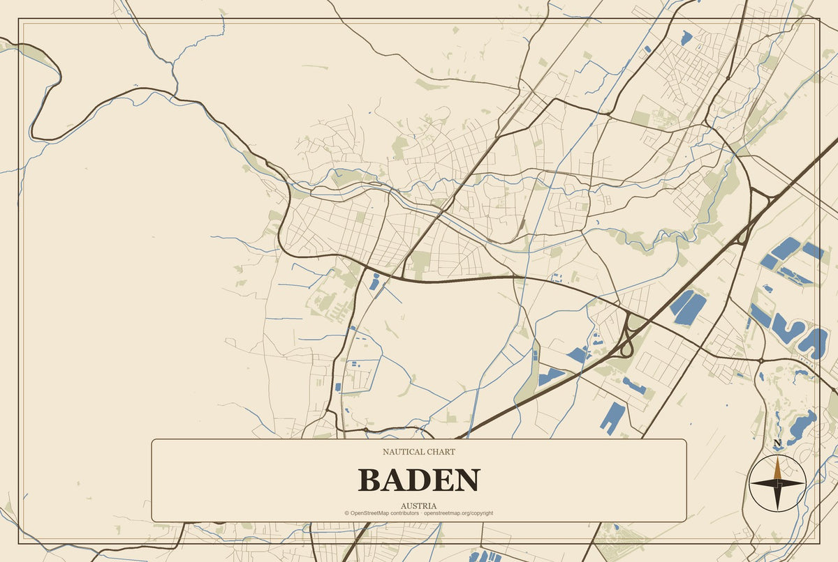 Baden, Austria City Map Aluminum Sign in Heritage Nautical style