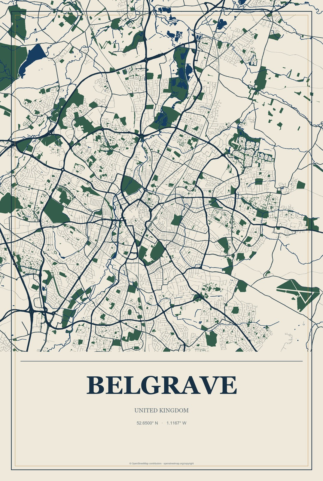 Belgrave, United Kingdom City Map Aluminum Sign in Coastal Cutout style