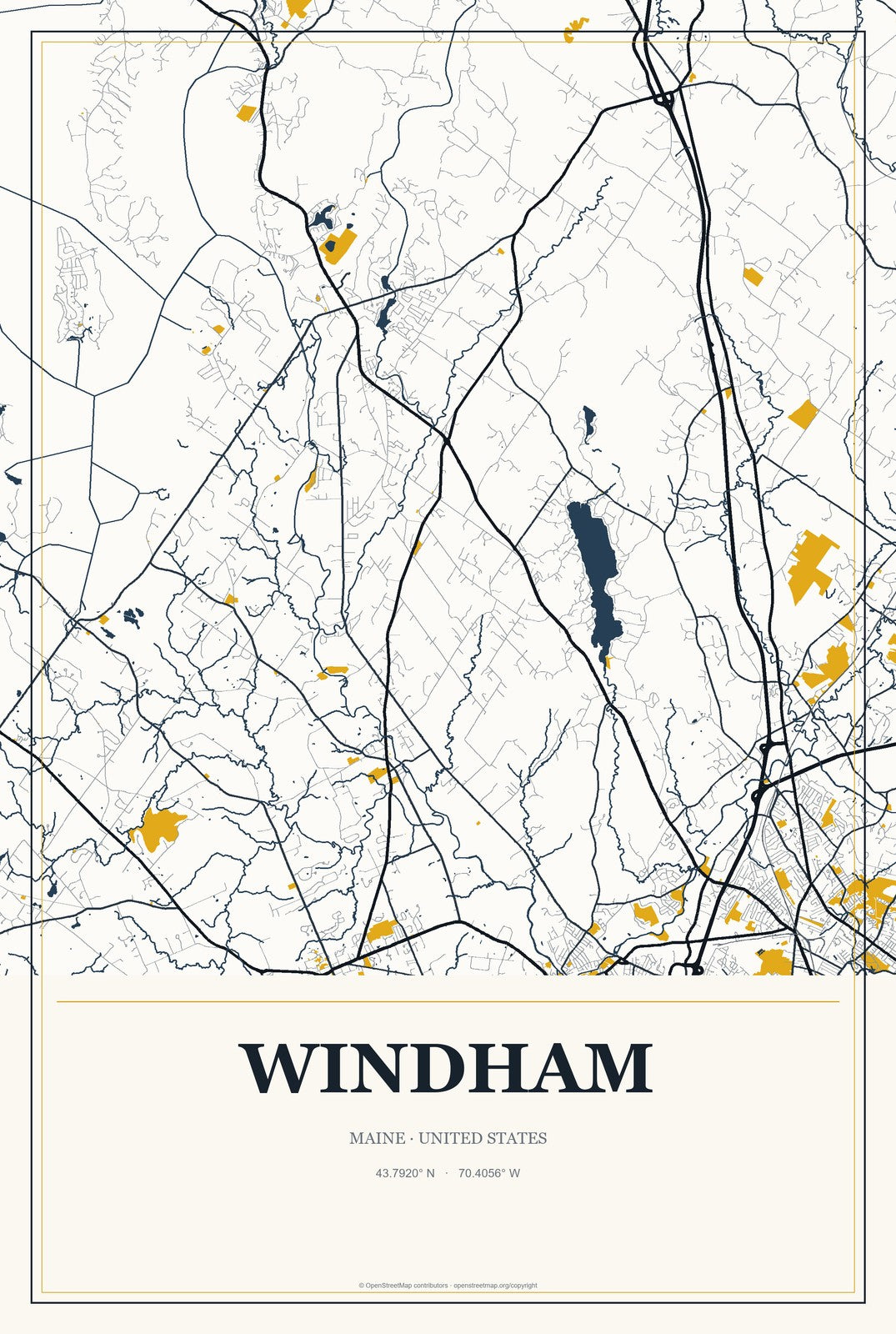Windham, Maine City Map Aluminum Sign in Citrine Modern style