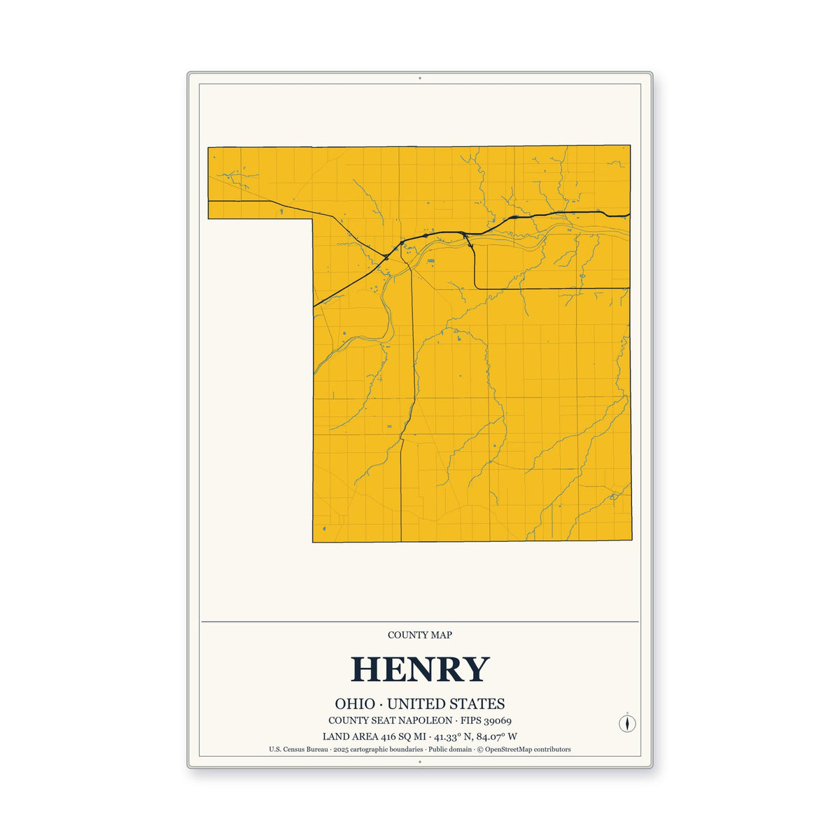 Henry County, Ohio Map Aluminum Sign in Citrine Modern style