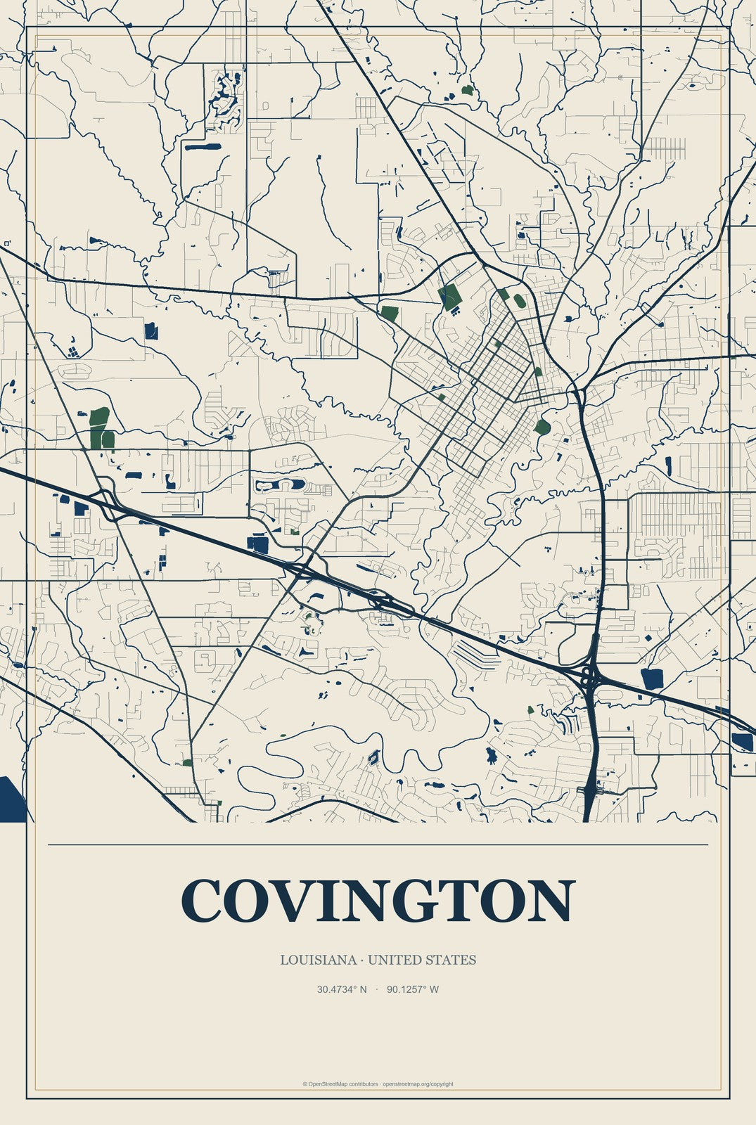 Covington, Louisiana City Map Aluminum Sign in Coastal Cutout style