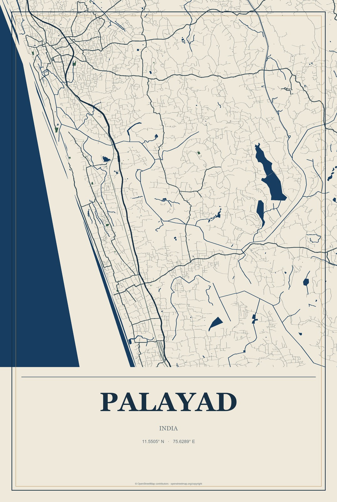 Palayad, India City Map Aluminum Sign in Coastal Cutout style