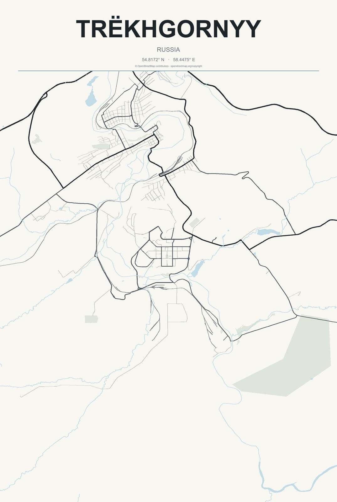 Trëkhgornyy, Russia City Map Aluminum Sign in Headline Atlas style